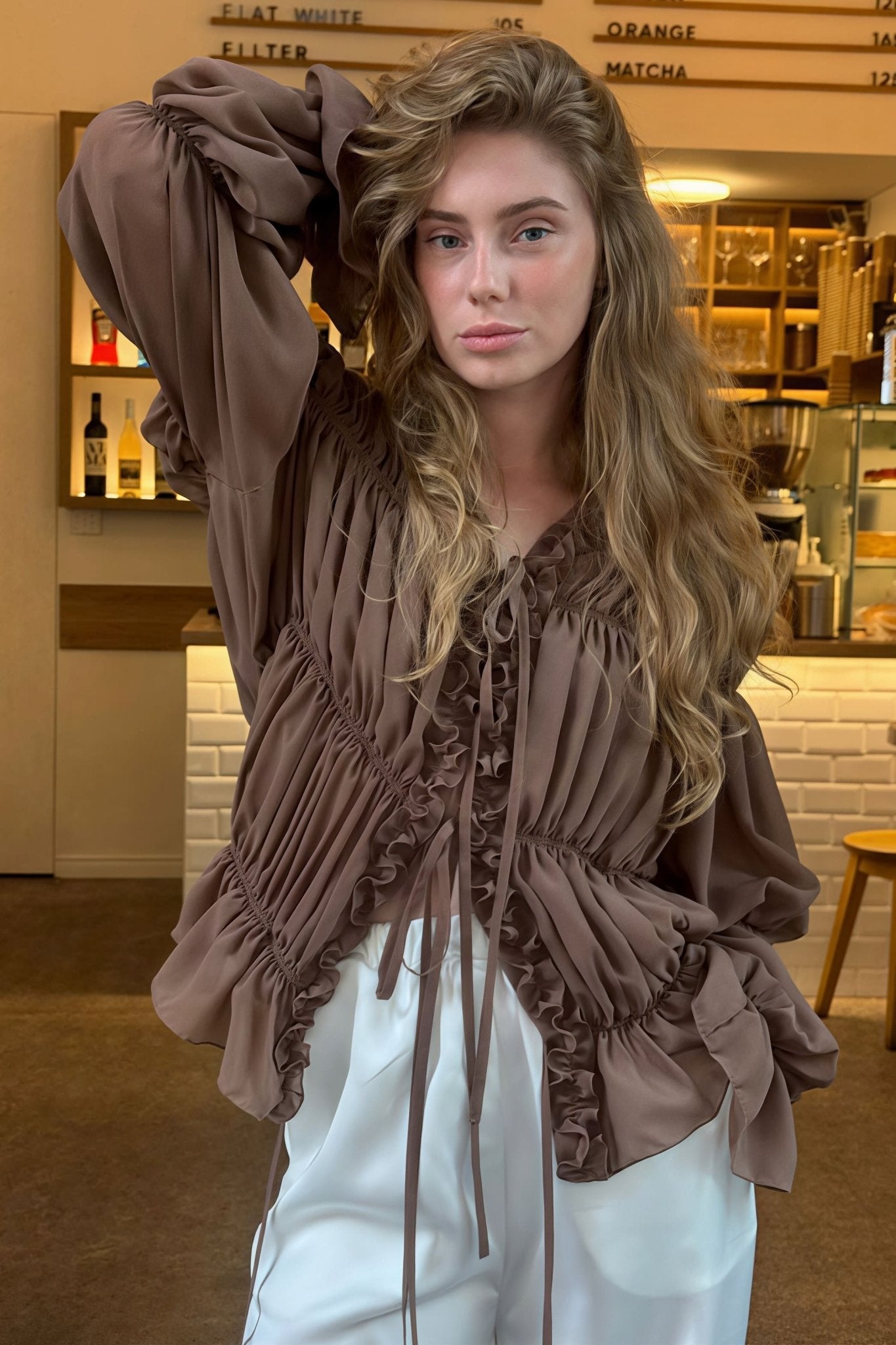 SOERA Beatrice Ruched Ruffle Tie Blouse - Blouse - Brown S