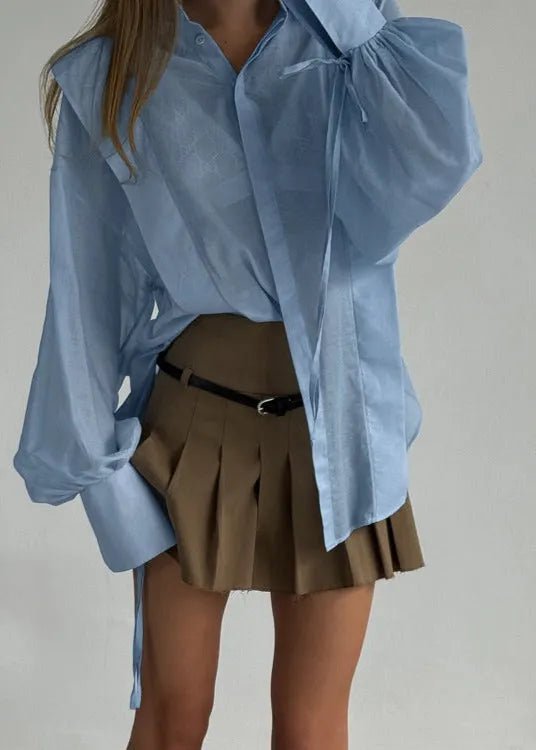 SOERA Isabella Oversized Ribbon - Tie Puff Sleeve Shirt - Blouse - Blue S
