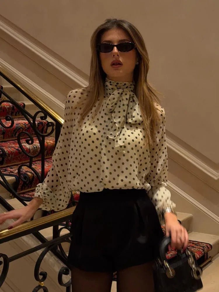 SOERA Sofia High Collar Polka Dot Blouse - Blouse - White S