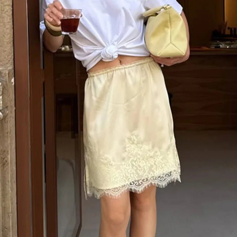 SOERA Saskia Lace Patchwork Satin Mini Skirt - Bottoms - Yellow S
