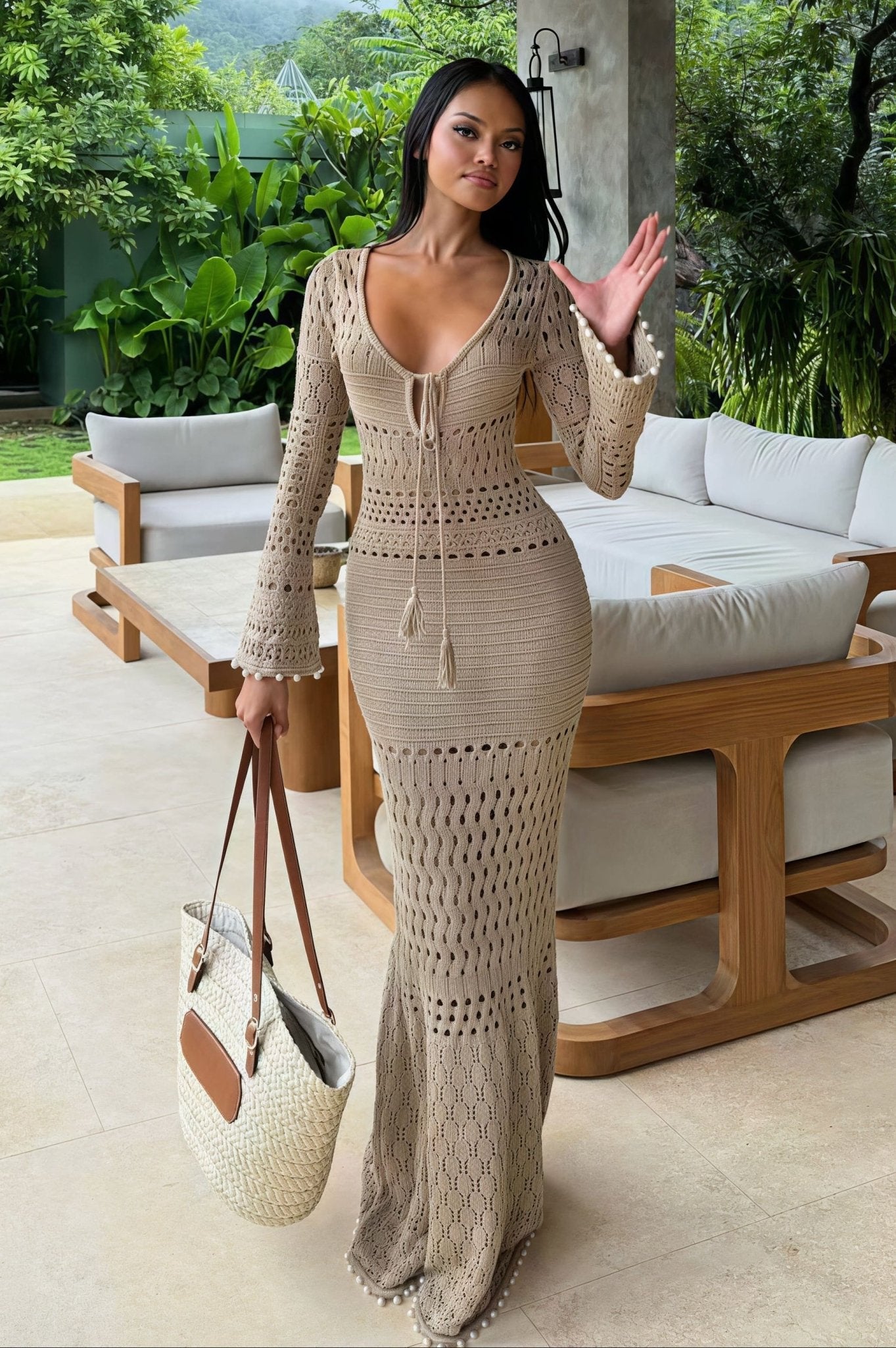 SOERA Beatrice Ribbed V - Neck Cinched Maxi Dress - Dress - XS