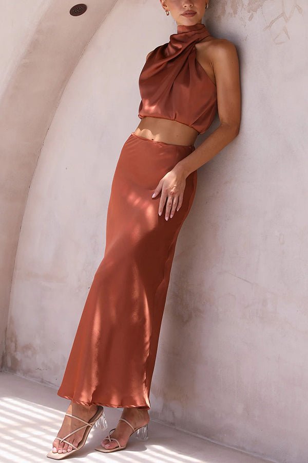 SOERA Beatrice Two - Piece Satin Wedding Guest Set - Dress - Brown S