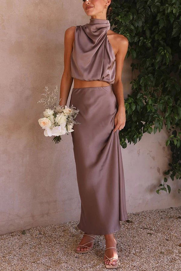 SOERA Beatrice Two - Piece Satin Wedding Guest Set - Dress - Mocha S