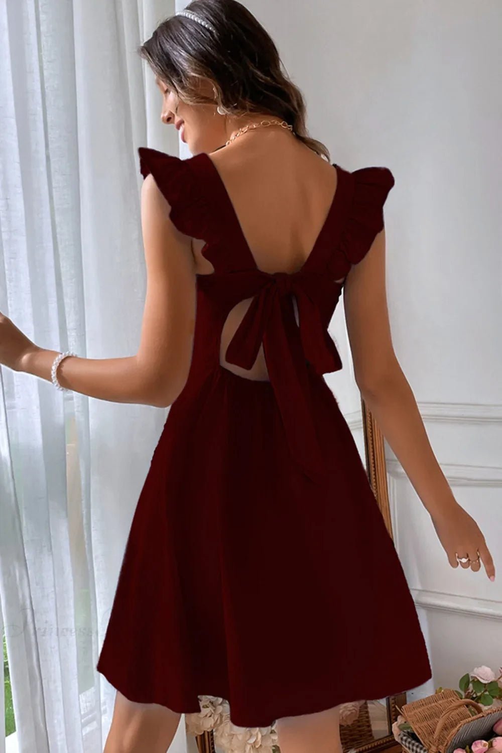 SOERA Bianca Sleeveless Mini Dress with Ruffle Tie - back - Dress - Burgundy XS