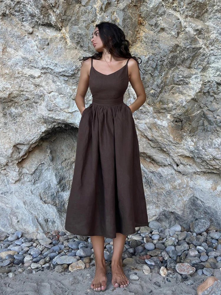 SOERA Elisabeta Backless Tie - Strap Midi Dress - Dress - Brown S