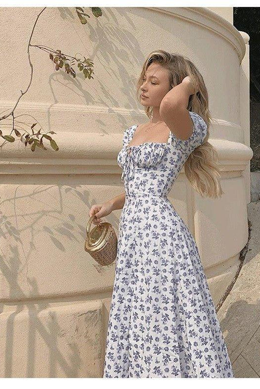 SOERA Iris Puff Sleeve Floral Midi Dress - Dress - SOERA-763651-BLU-S-02147 Blue S