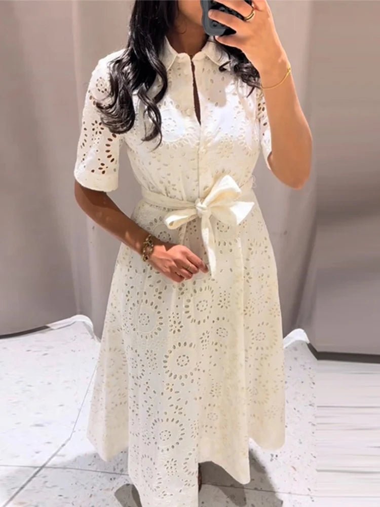 SOERA Merida Embroidered Belted Midi Dress - Dress - White L