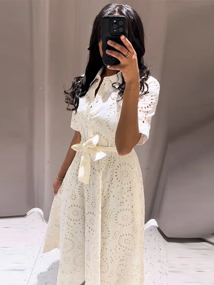 SOERA Merida Embroidered Belted Midi Dress - Dress - White S