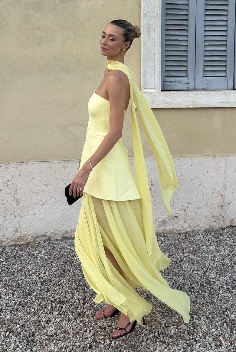 SOERA Ophelia Asymmetric Sheer Maxi Dress - Dress - SOERA-028419-M-BUTTER-85059 Butter Yellow M