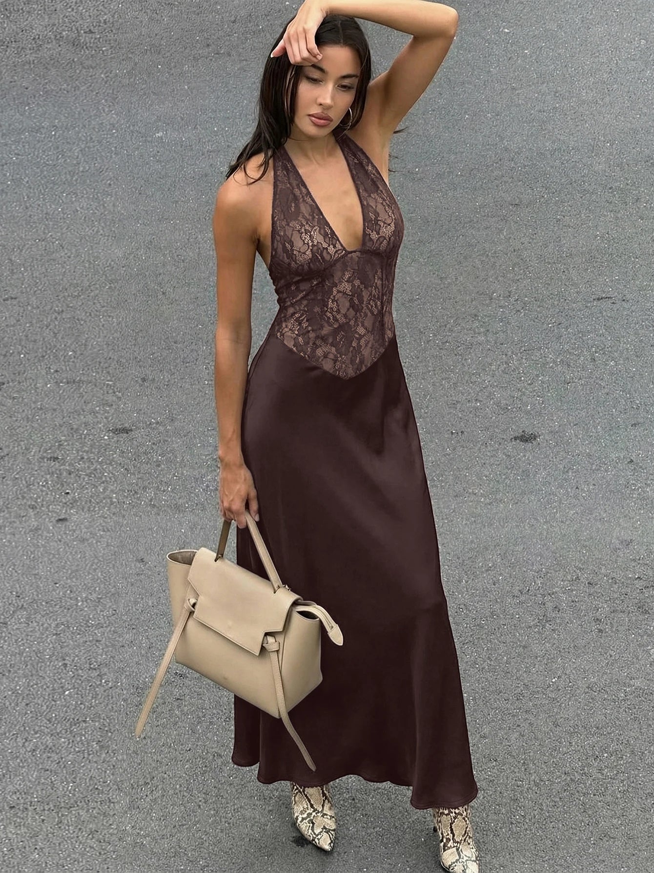SOERA Serena Halter Backless Lace Patchwork Dress - Dress - Brown S