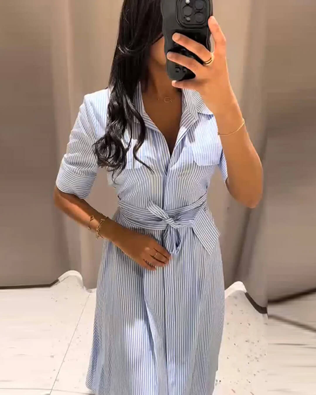 SOERA Katniss Striped Lace - Up Collar Maxi Dress - Dresses - Blue M