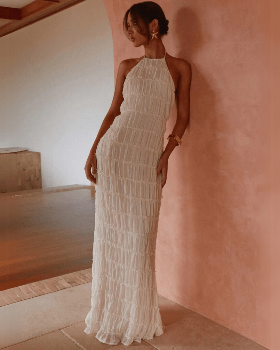 SOERA Leslie Backless Sculpted Texture Maxi Dress - Dresses - Cream S