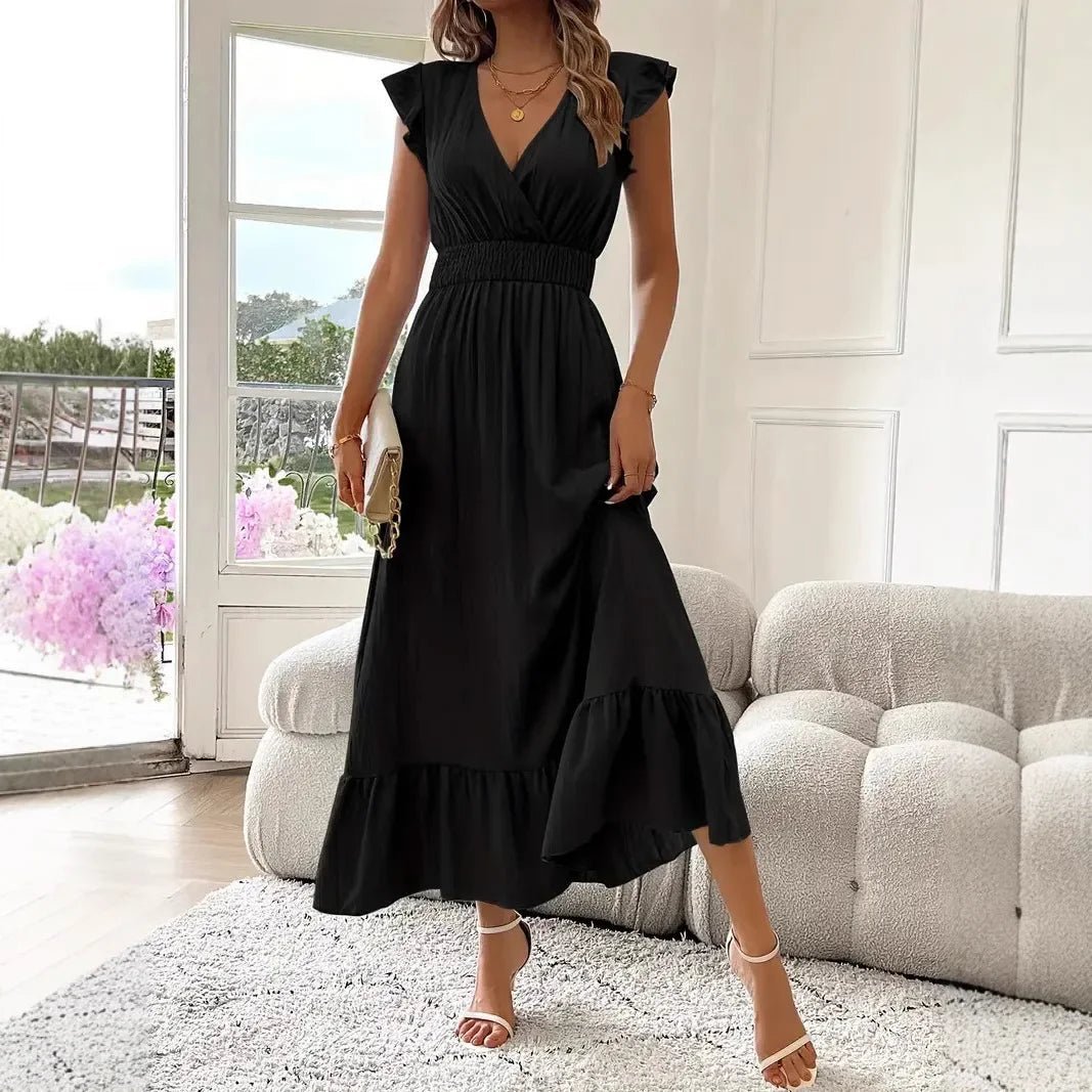 SOERA Livia Black V-Neck Ruffle Swing Dress - Dresses - Black S