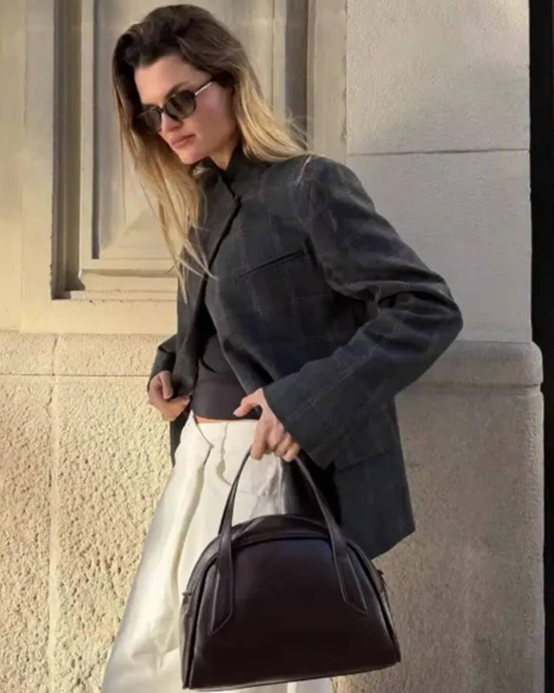 SOERA Sofia Plaid Stand Collar Blazer - Jackets - Grey L