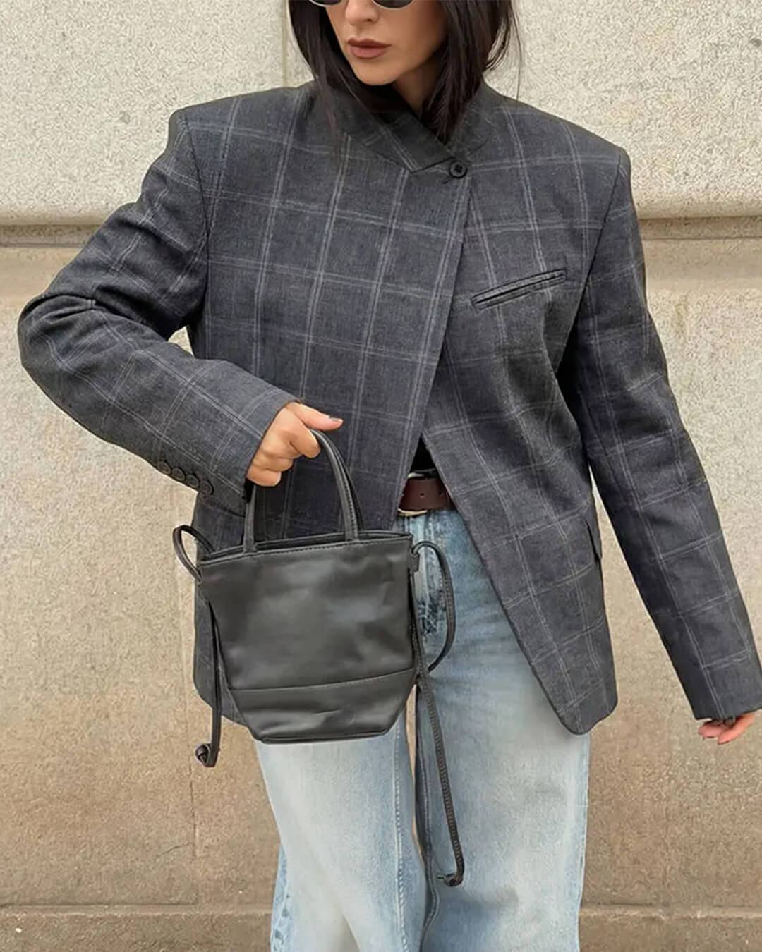 SOERA Sofia Plaid Stand Collar Blazer - Jackets - Grey S