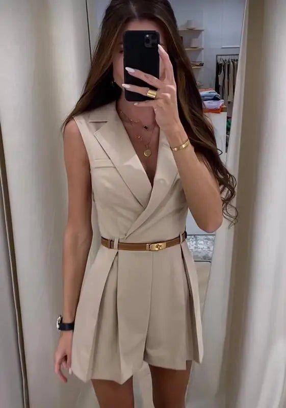 SOERA Bianca Structured Belted Sleeveless Romper - Jumpsuits & Rompers - Apricot M
