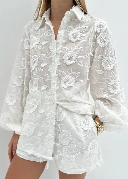 SOERA Beatrice Sheer Embroidered Shirt & High-Waist Shorts Set - Matching Sets - M