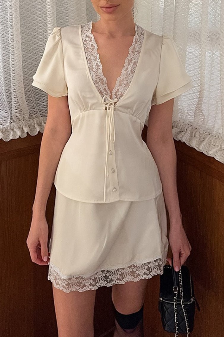 SOERA Celeste Satin Lace V - Neck Tie - Waist Skirt Set - Matching Sets - Beige S
