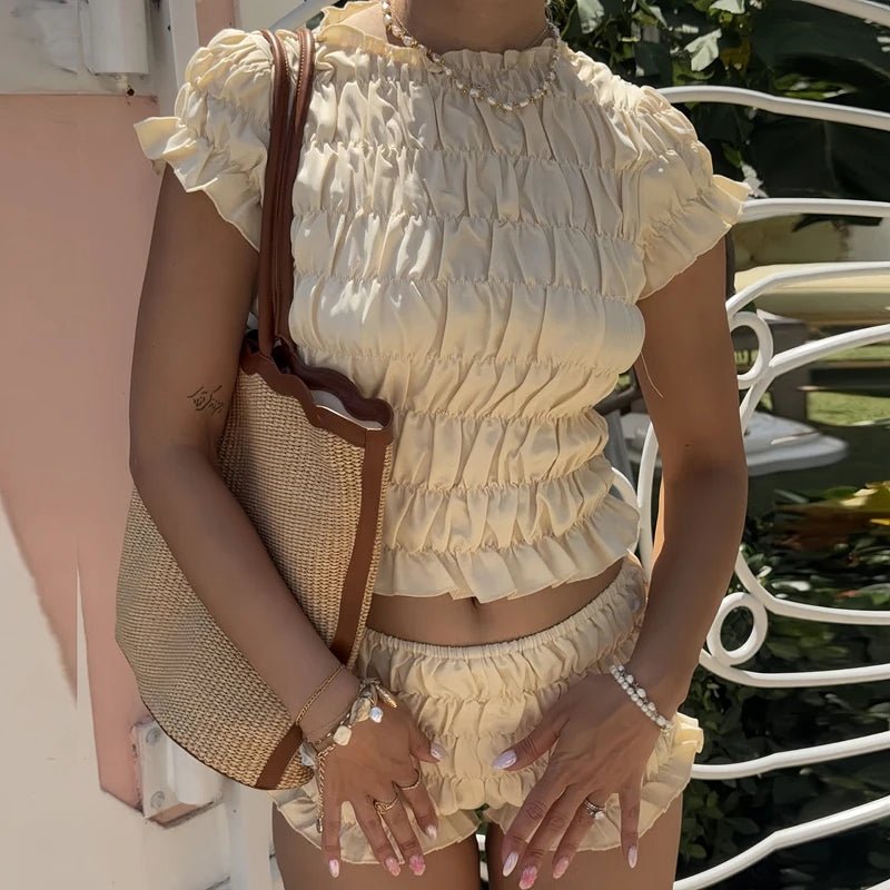 SOERA Elena Elastic Smocked Short Set - Matching Sets - 1005009535638263-;Yo1774869404007052650 Beige S