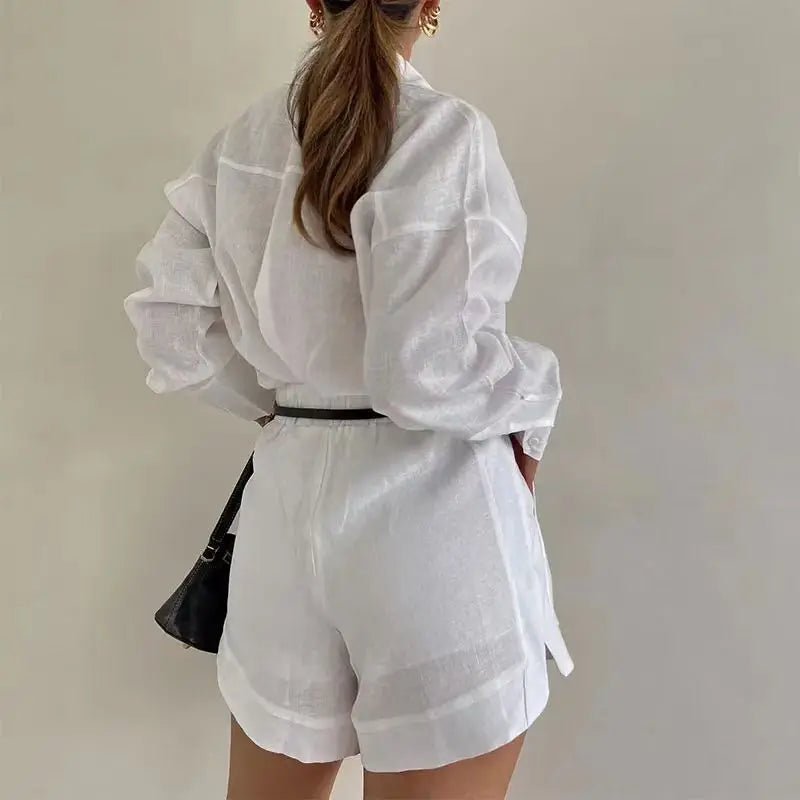 SOERA Solenn Long Sleeve High Waist Shorts Linen Set - Matching Sets - 1005006975478785-;zk1776063209451321739 Blue S