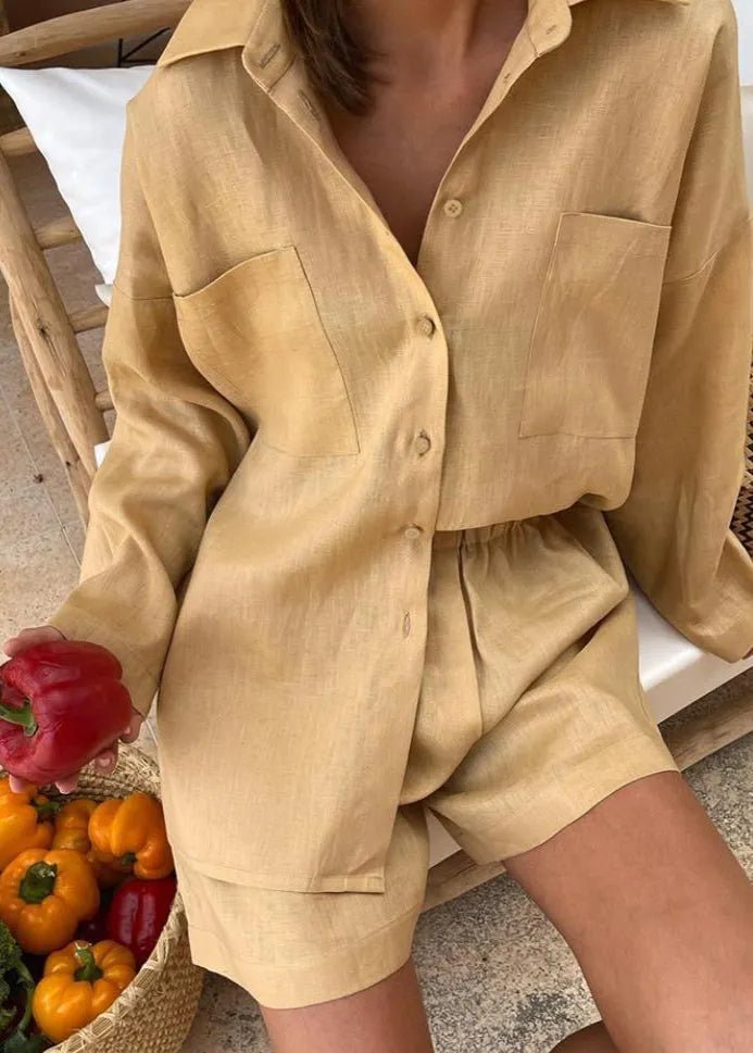 SOERA Sophia Linen Button-Down Shirt & High-Waist Shorts Set - Matching Sets - Brown M