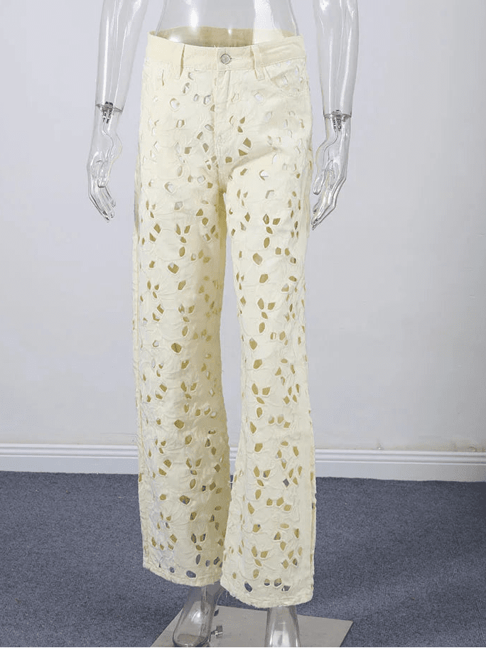 SOERA Anais Hollow - Out Denim High Waist Straight Jeans - Pants - Beige S
