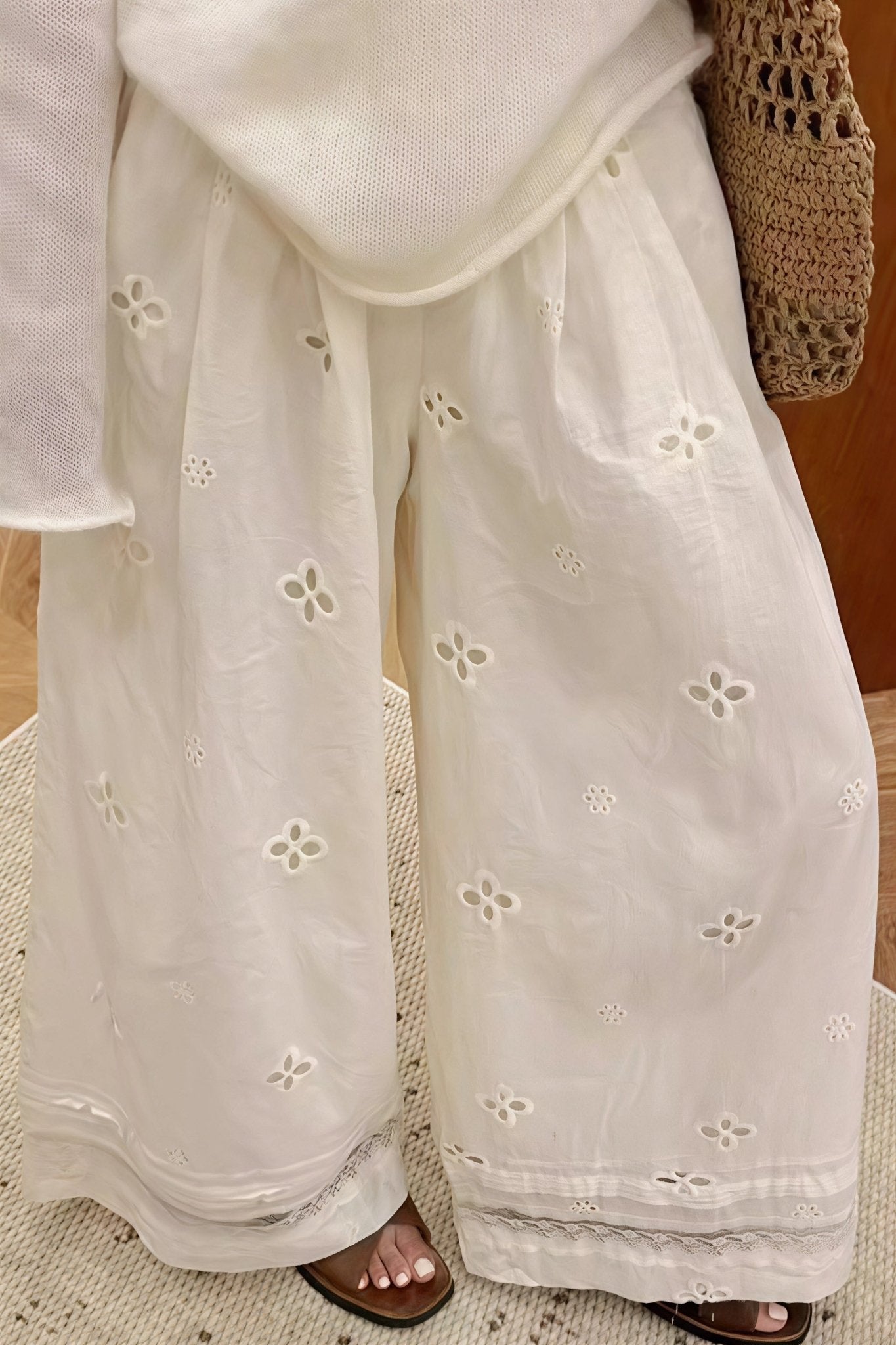 SOERA Bianca Hollow Out Lace Wide Leg Pants - Pants - Beige L