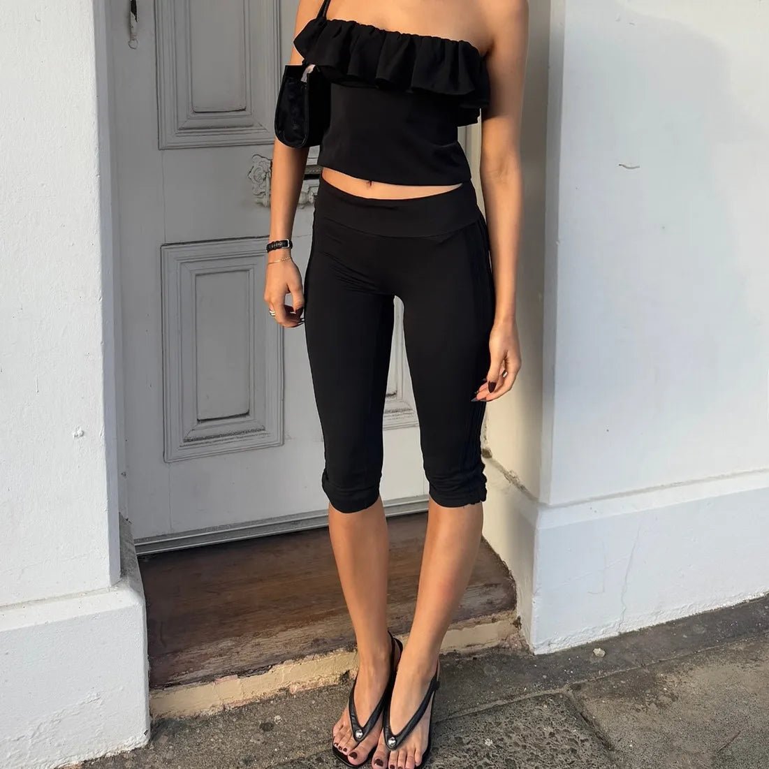 SOERA Halia Split Hem Capri Pants Fold Over Waist - Pants - Black