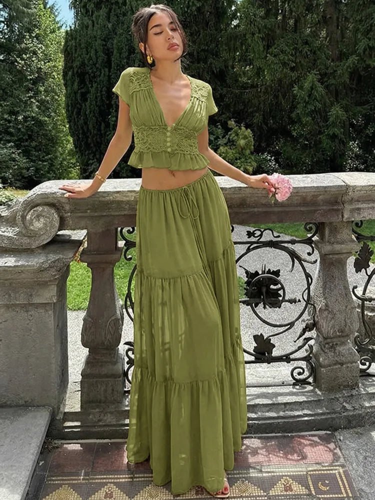 SOERA Morrigan Lace Chiffon Top & Skirt Set - Set - Green L