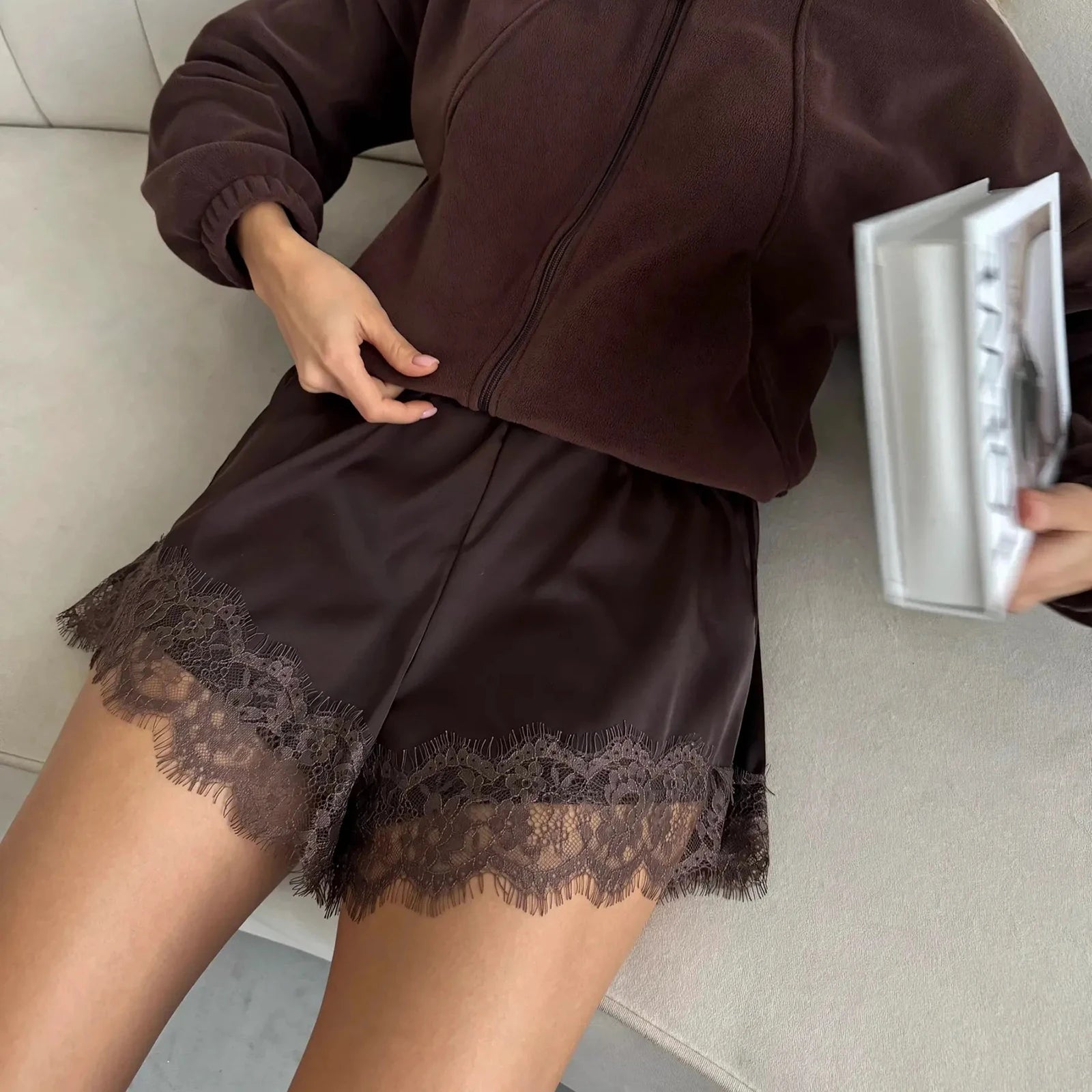 SOERA Suzette Lace Satin Shorts - Shorts - 1005010682962242-;gR1770053336658416044 Brown M