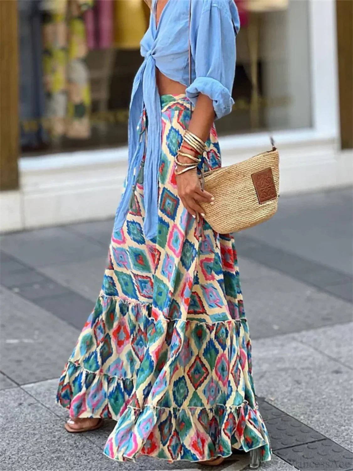 SOERA Celeste Flowy Boho Print Ruffled Hem Skirt - Skirt - Teal Blue S