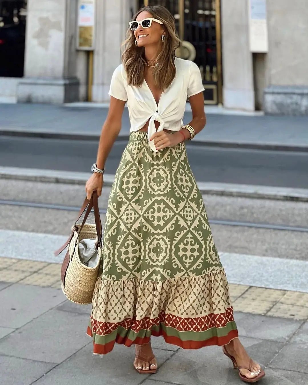 SOERA Zara Boho Printed Midi Swing Skirt - Skirt - Olive S