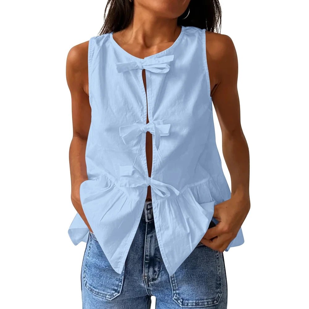 SOERA Bianca Bow - Tie Peplum Tank Top - Top - Blue S