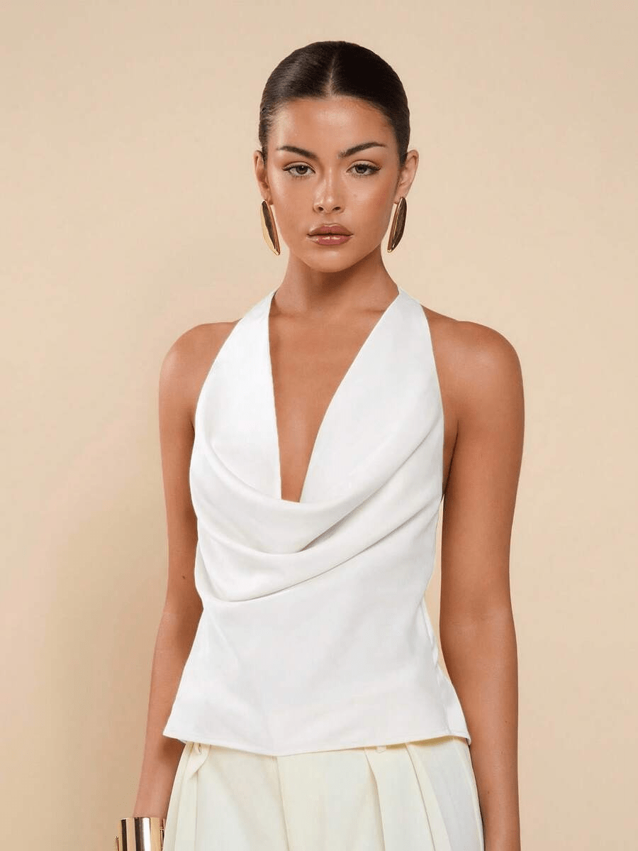 SOERA Jeriza Deep Neck Halter Tank Top - Tops - White S