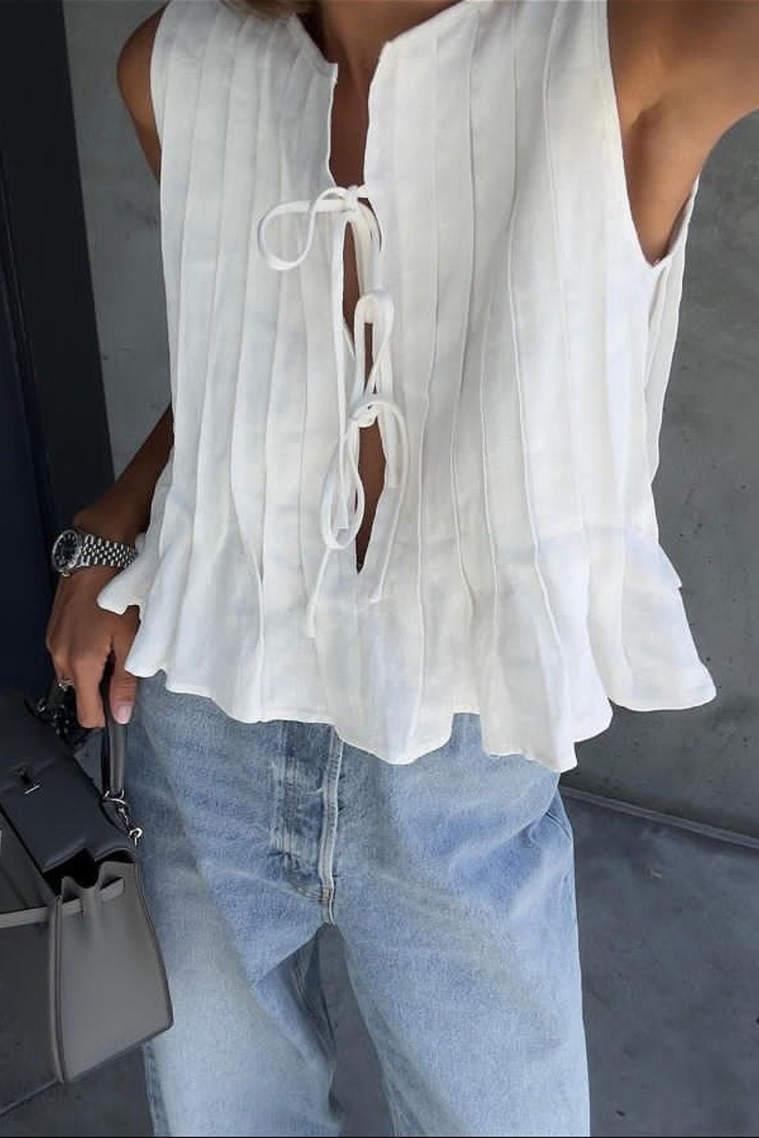 SOERA Juvy Tie Front Pleated Linen Tank Top - Tops - TW1776026011573869372 White L
