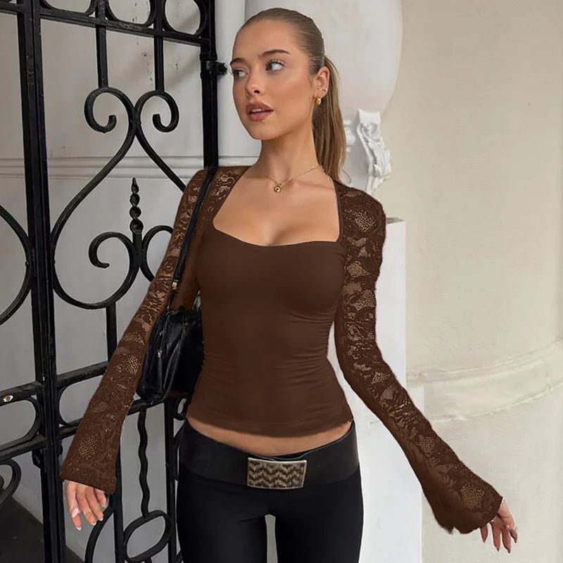 SOERA Nadine Lace Flare Sleeve Top - Tops - 3256809365044684-;HE1765284570062898056 Brown S