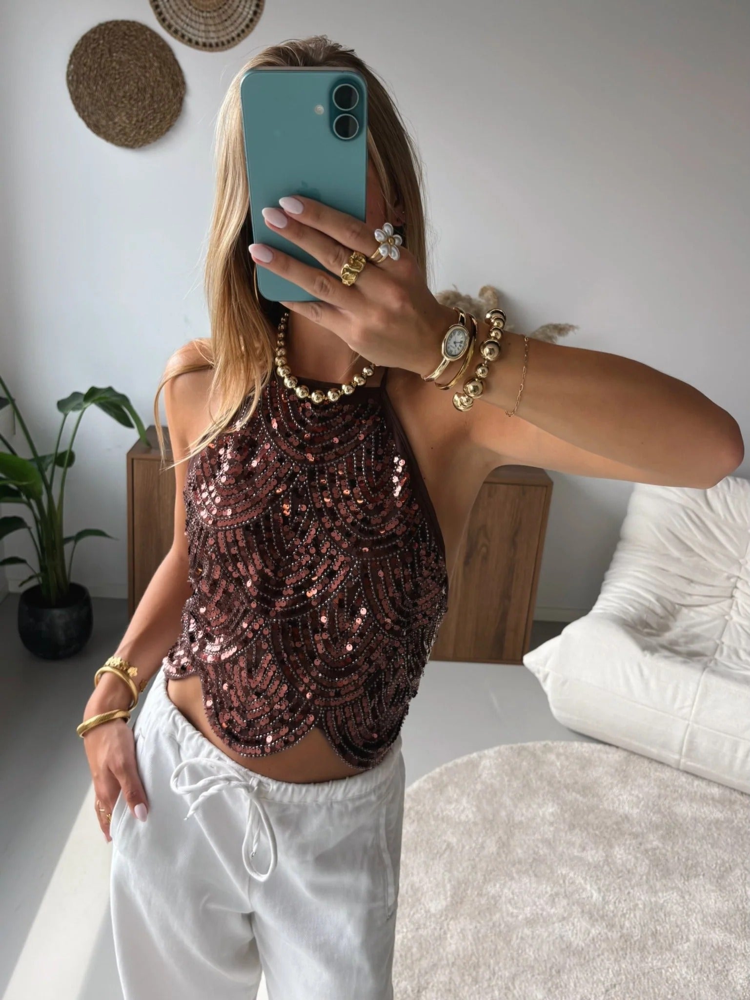 SOERA Sophia Sequin Halter Top - Tops - Bronze XS