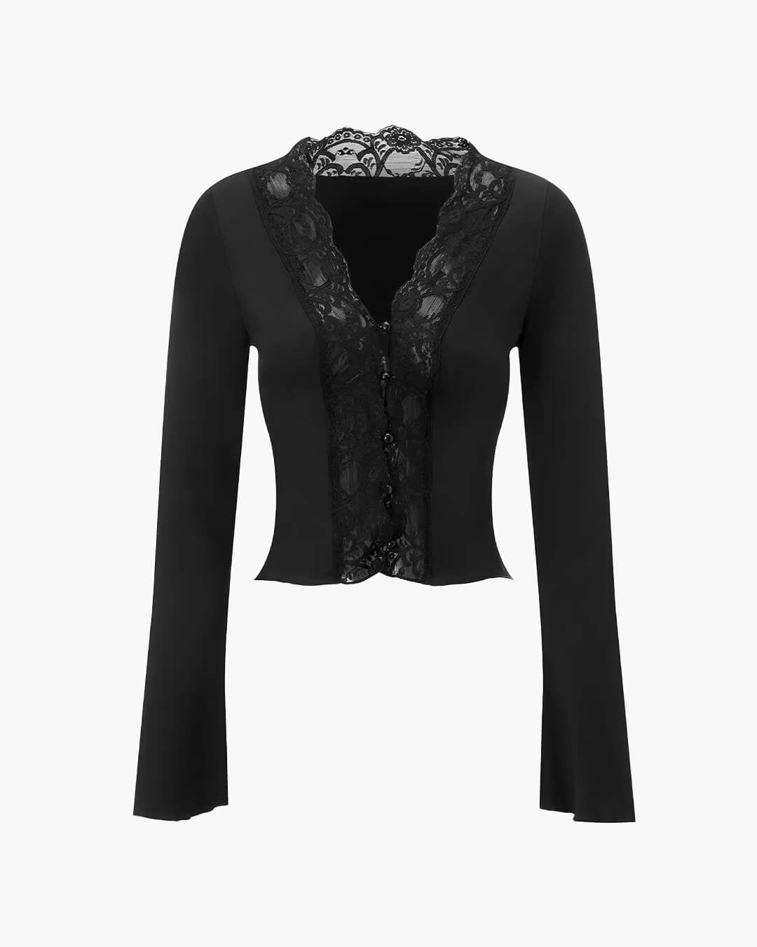SOERA Victoria Long Sleeve Lace Trim Blouse - Tops - Black M