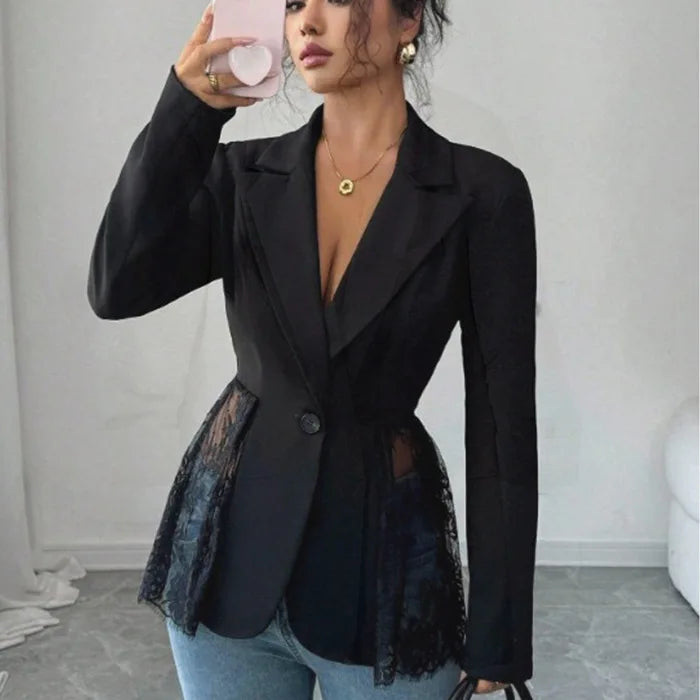 Women's Formal A-Shaped Jackets with Color-Matched Lace, Autumn-Winter Styles, Slimming Waist Design 0