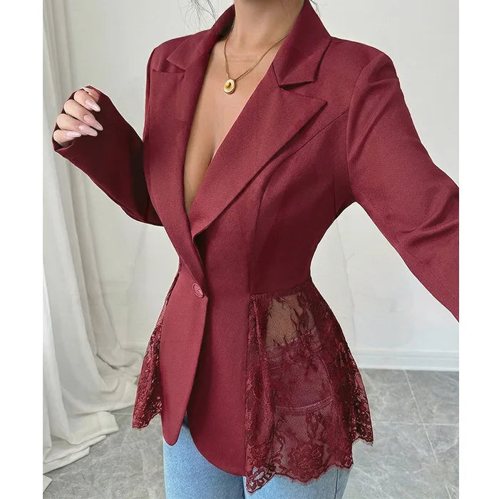 Women's Formal A-Shaped Jackets with Color-Matched Lace, Autumn-Winter Styles, Slimming Waist Design 2