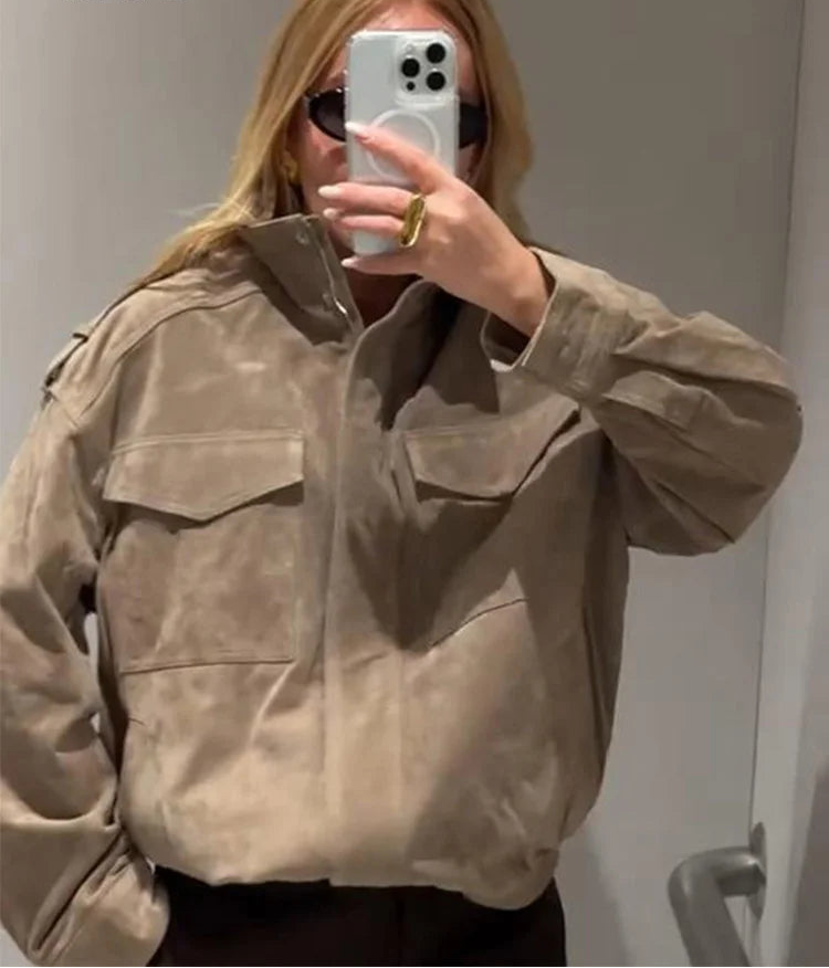 Women's Khaki Suede Jacket - Vintage Loose Coat with Zipper, Lapel Collar & Pockets for Spring Autumn Fashion 0
