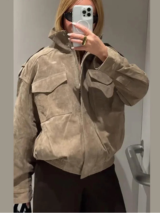 Women's Khaki Suede Jacket - Vintage Loose Coat with Zipper, Lapel Collar & Pockets for Spring Autumn Fashion 2