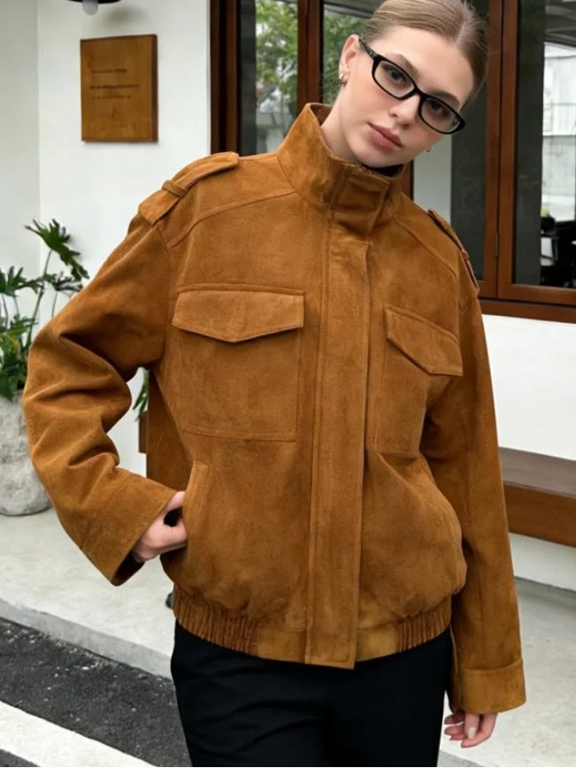 Women's Khaki Suede Jacket - Vintage Loose Coat with Zipper, Lapel Collar & Pockets for Spring Autumn Fashion 4