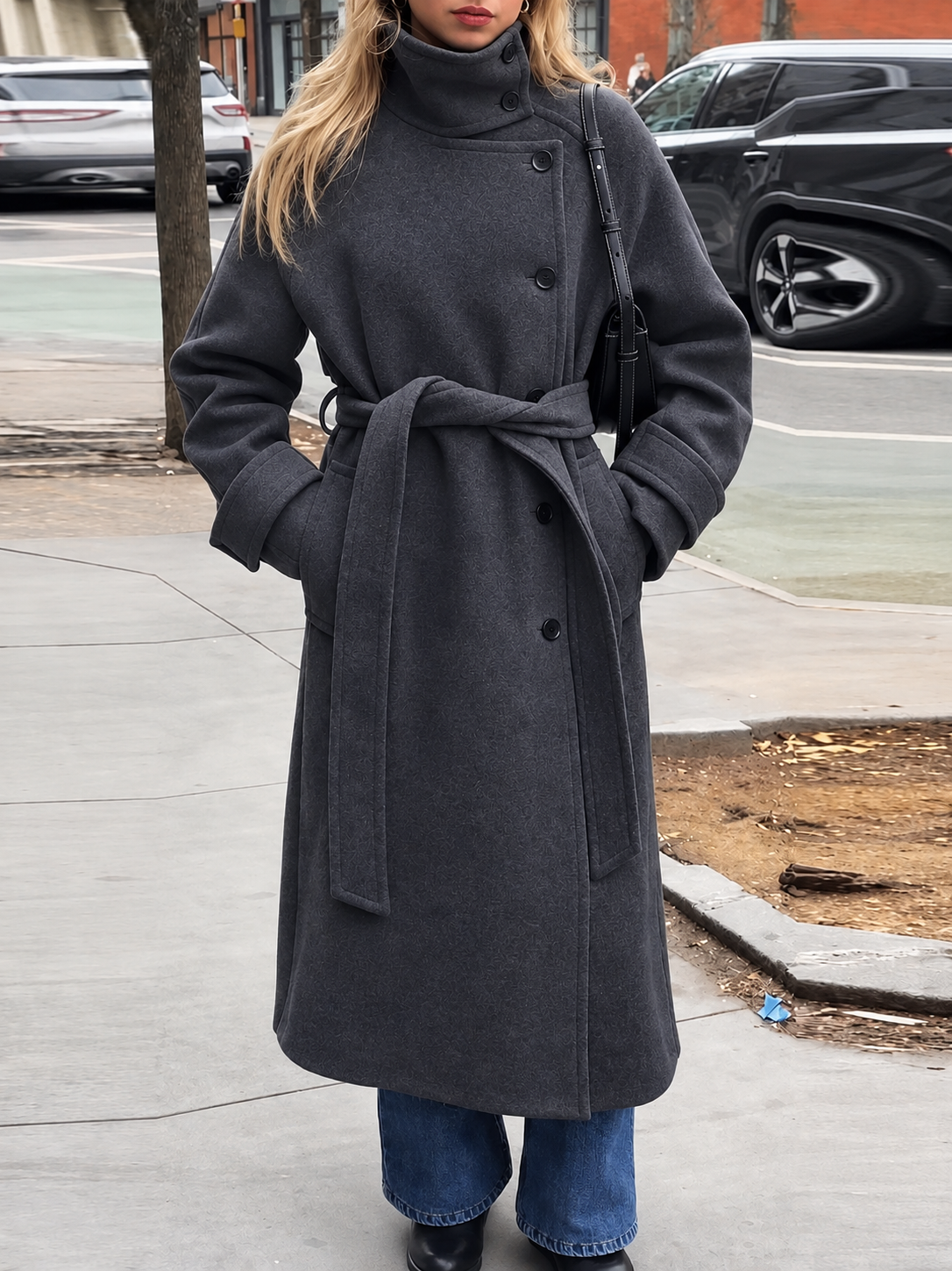 Manteau long Claudine à ceinture et col montant