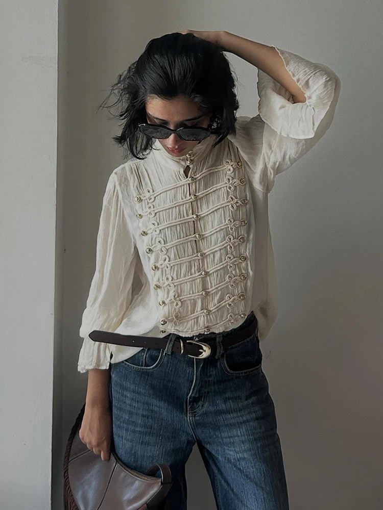 SOERA Amelie Vintage Chiffon Stand Collar Blouse - Blouse - SOERA-356547-BEI-L-79107 Beige L