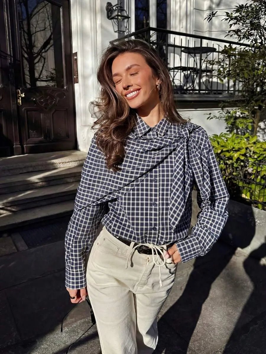 SOERA Lena Plaid Scarf-Tie Shirt - Blouse - SOERA-660931-S-NAVY-80771 Navy S
