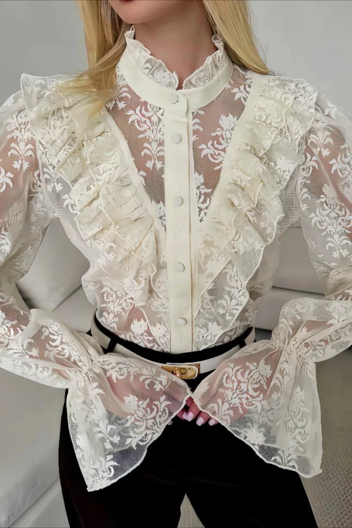SOERA Miriam Ruffle Lace Sheer Blouse - Blouse - SOERA-381763-BEI-S-59619 Beige S