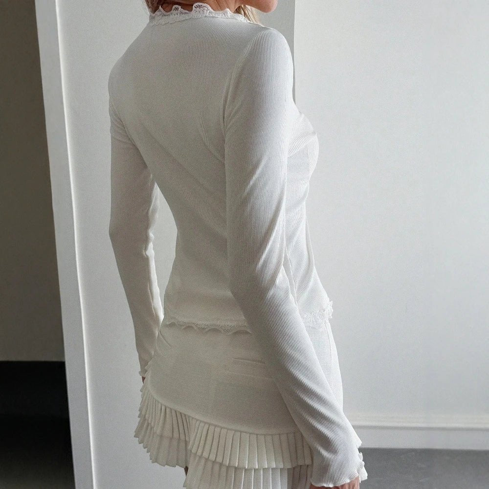 SOERA Roxana Ribbed Lace Trim V - Neck Blouse - Blouse -  White L