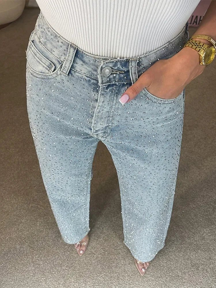 SOERA Eliana Wide Leg Denim Pants with Rhinestones - Bottoms - 1005009658512607-;wA1768904312487969463 Blue S