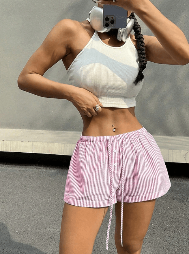 SOERA Tirzah Striped Low-Waisted Elastic Shorts - Bottoms - SOERA-089155-PIN-M-10755 Pink M